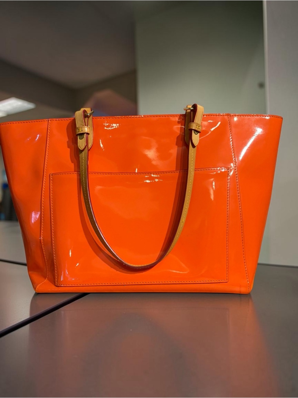 Dooney & Bourke Orange Patent Tote with Tan Straps - Picture 2 of 4